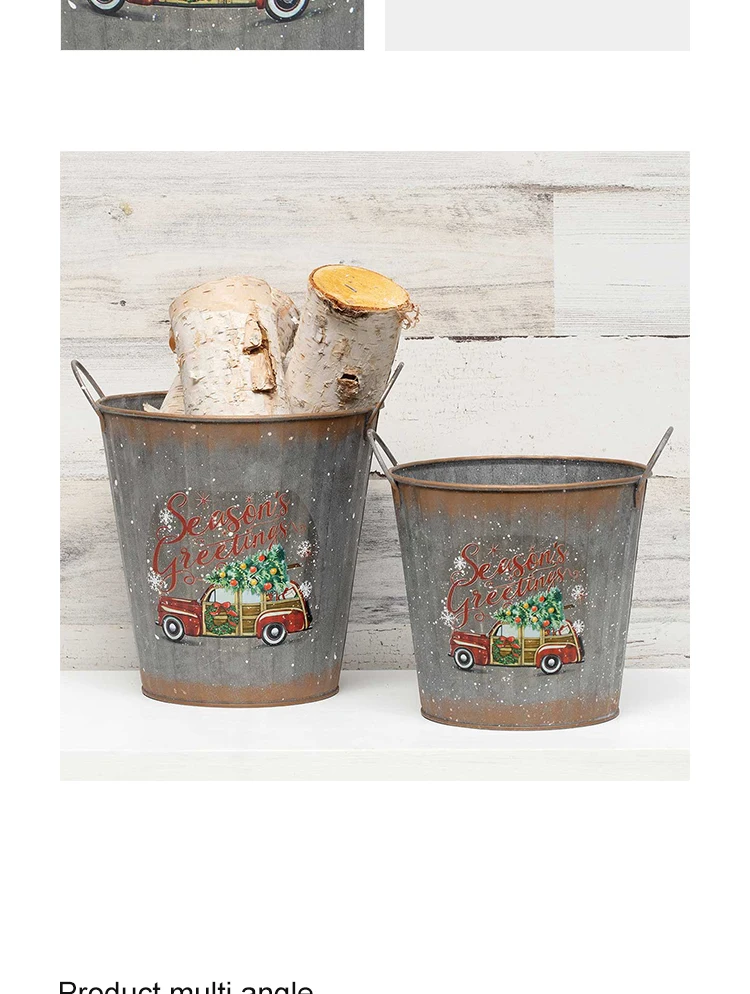 Round Metal Bucket Christmas Metal Bucket Holiday Decor Metal Storage