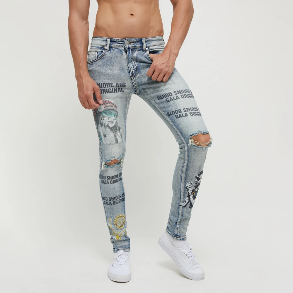 

DiZNEW Custom Digital Print Brand logo Fashion Mens Jeans Wholesales Slim Light Blue Distressed Wash Denim Pants, Customized color