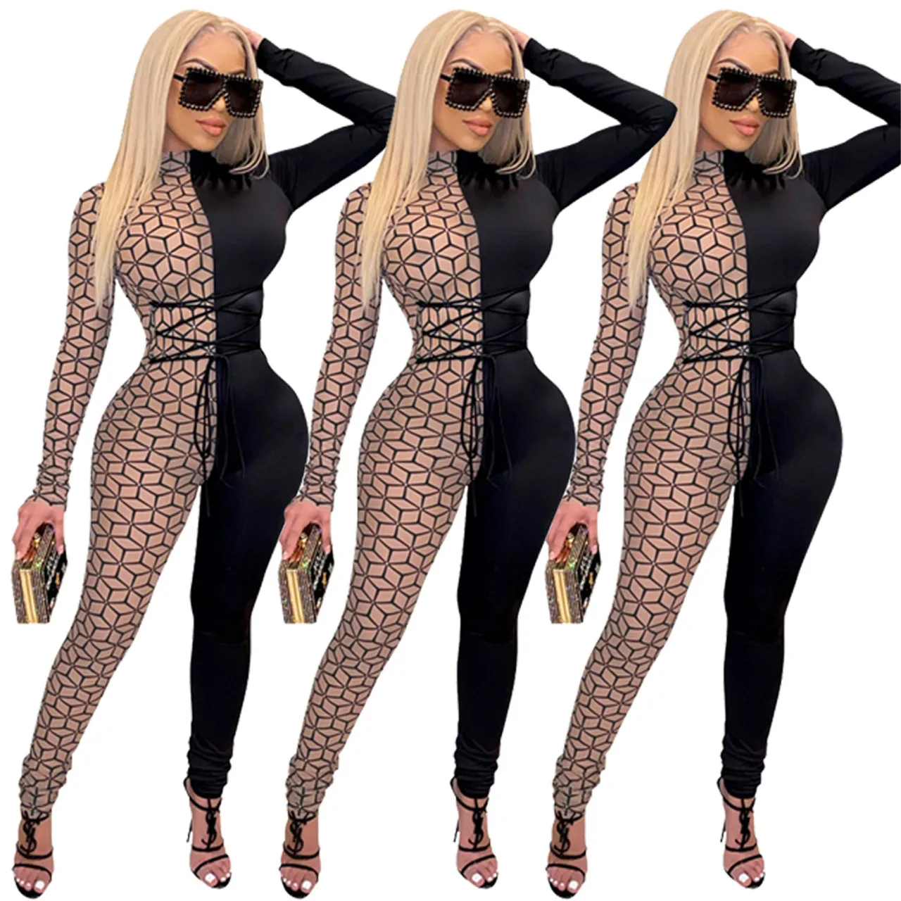 

New arrival sexy printed mesh panel long sleeve high neck drawstring waist women Jumpsuit