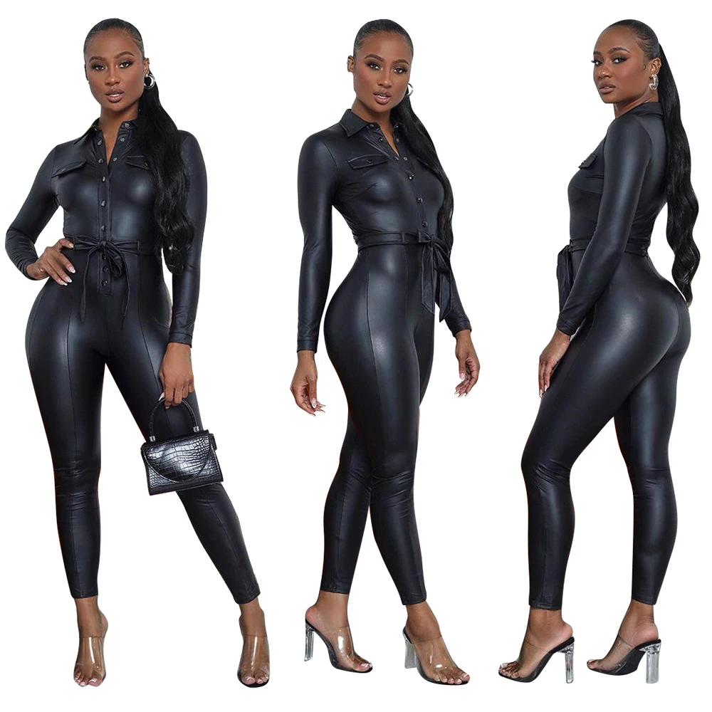 

Foma D8414 Drop shiipping spring sexy bodycon pu jumpsuit with belt
