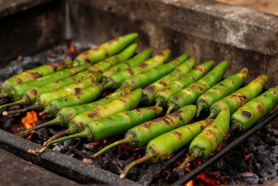 Fresh green chilies roasting over open flame with blackened skin