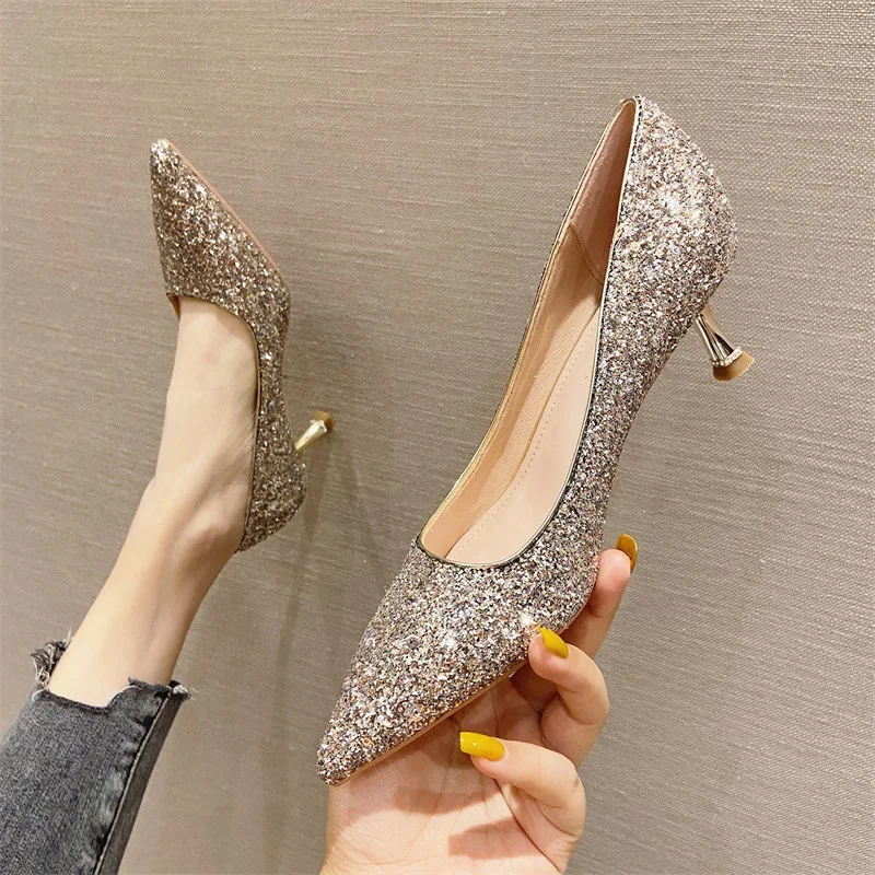 

Wholesale pointy high heels sexy shiny bridesmaid shoes high quality fashion breathable high heels for women SX628C