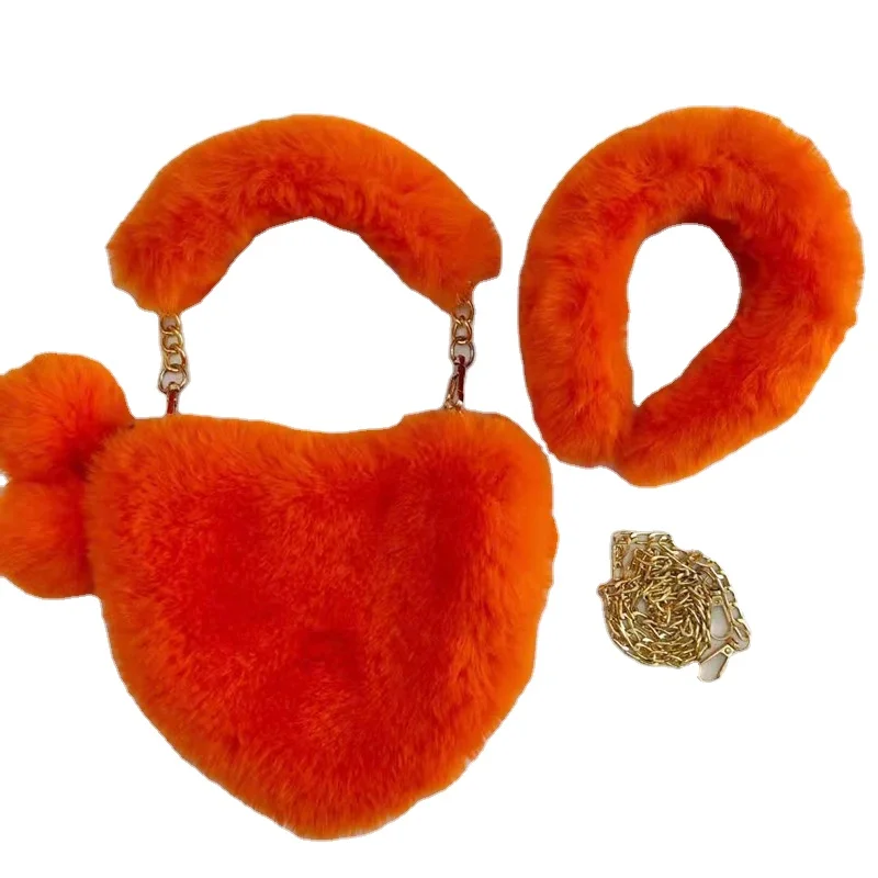 

Wholesale plush women's soft heart-shaped handbag and fur hair band set, Customizable