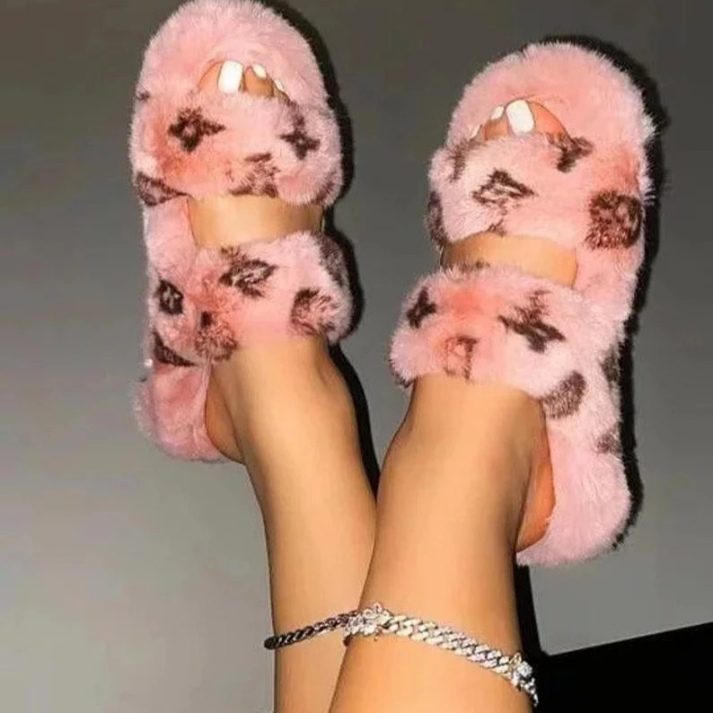 

Faux fur shoes platform diamond slides rhinestone plush thick sole bling outdoor lady sandals fur slippers for women