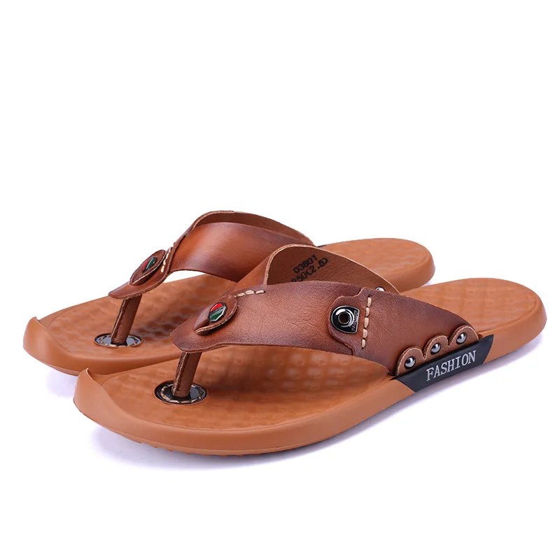 

Summer leisure beach leather flip-flops for men