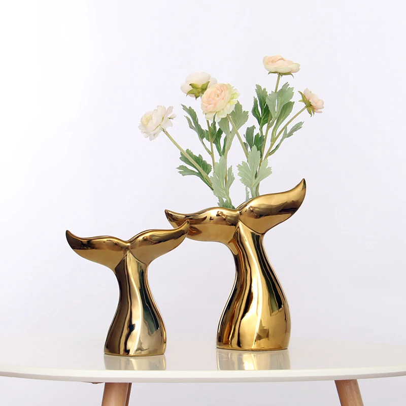 

Electroplating Gold Ceramic Home Living Room Decoration TV Cabinet Desktop Gift Mermaid Tail Ceramic Vases for Home Decor, Gold or any pms colour is accepted