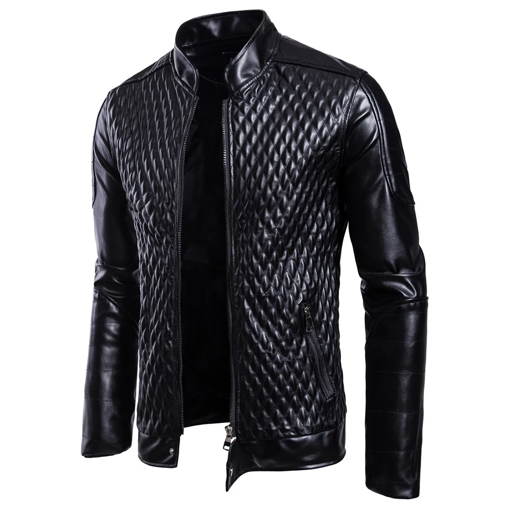 

The new PU leather diamond-type lattice jacket quilted men's jacket, Black,red,army green