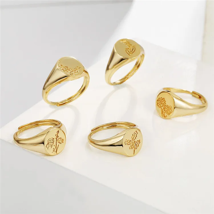 

SP New Design Printed Flower Open Ring Brass Metal 18K Solid Gold Adjustable Flower Jewelry Ring