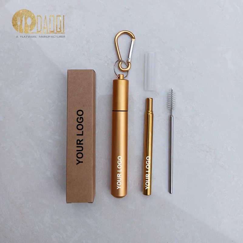 

Hot sell Retractable stainless steel metal drinking straw with Carabiner Aluminum Case, Silver, gold, black, rainbow, rose gold