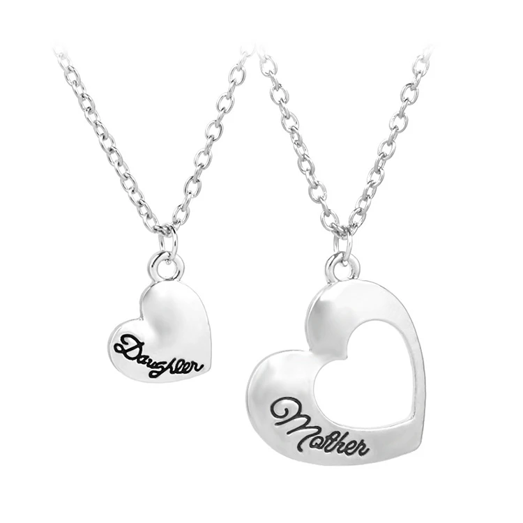 

Wholesale fashion Mothers day family necklace jewelry set gifts engraved mother daughter double heart pendant necklace for women, Silver