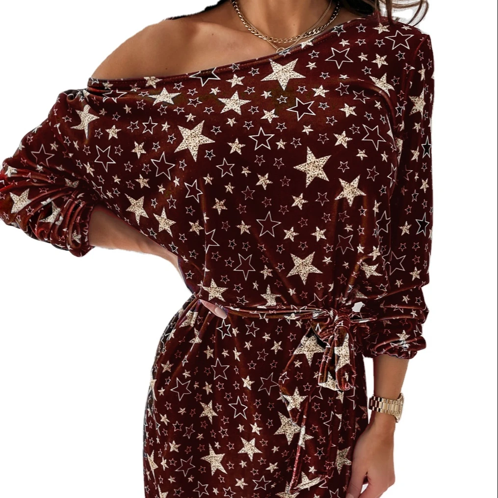 

Wholesale new women's dress casual printing star bandage dress long sleeve big collar loose medium length A-line dress