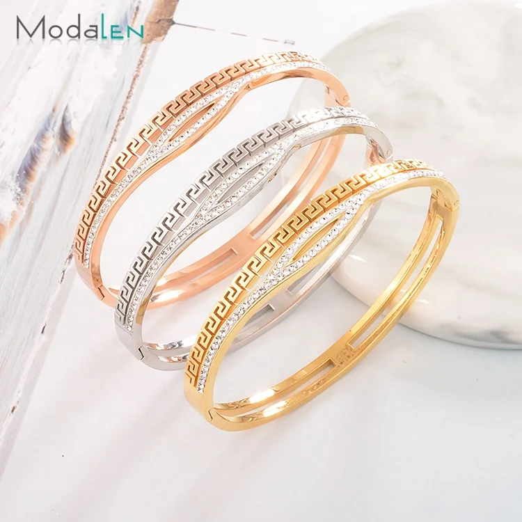 

Modalen Steel Hollow Cuff Bracelet High Quality for Ladies Rhinestone Gold Plated Bangle