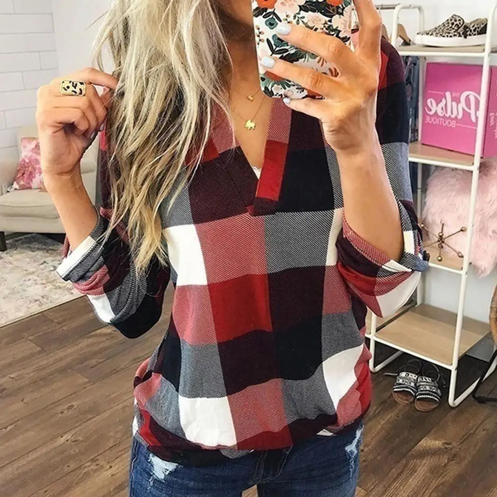 

Womens and Blouses Plus Size Autumn Women's Plaid Shirts Sexy V Neck female blouses Lady Business Blouse Tops J26
