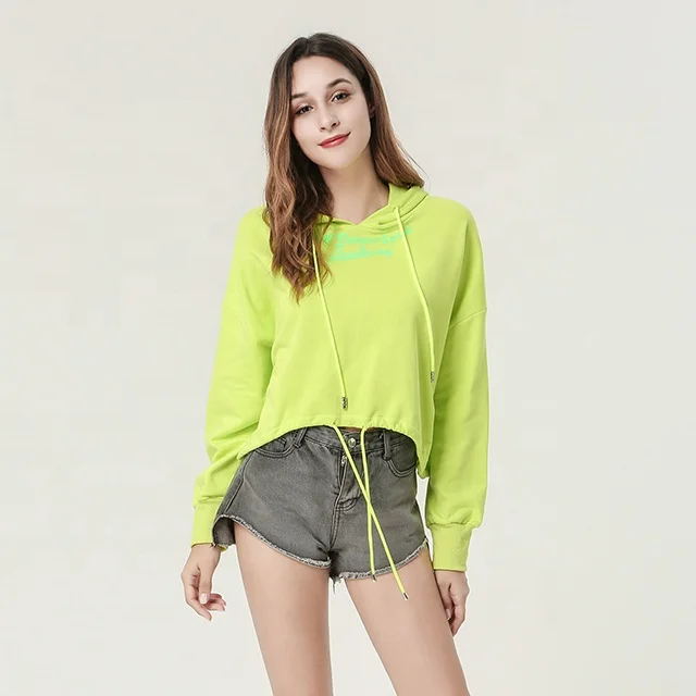 

New trendy 100% cotton Cap rope long sleeve loose women crop top fashion hoodie