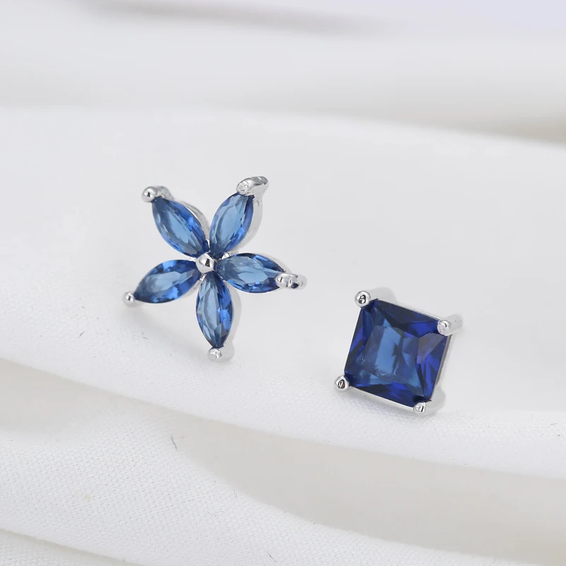 REETI 925 Sterling Silver Stud Earring Cubic Zirconia Flowers Asymmetry  Personality Fashion Jewelry