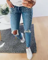 

High waist Fashion Women denim jeans Pants wholesale pearls beaded female jeans trousers