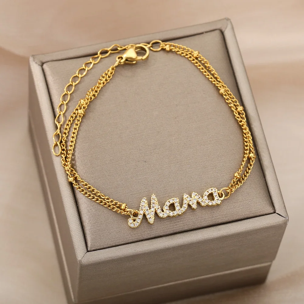 

Fashion Mama Anklet Summer Jewelry Mother Day Gift 18k Gold Plated Double Layer Bead Chain Zircon Letter Pendant Mama Bracelet