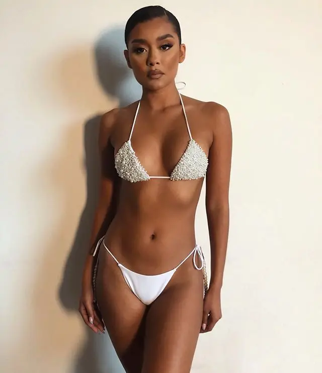 

2021 new arrival pearl bikini string beaded strapping two pieces swimsuit for girls