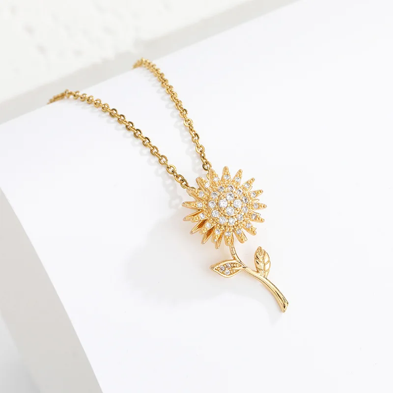 

Rotating Sunflower Charm Pendant Necklace Zircon Flower Stainless Steel Chain Sunflower Spinner Relieve Stress Necklace