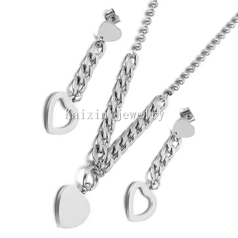 

New popular jewelry fashion simple stainless steel Heart Earrings Necklace Set