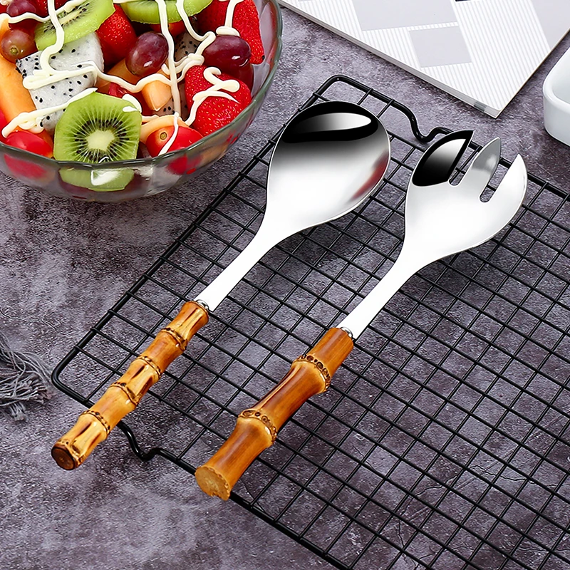 

New Design Kitchen Salad Tools Set Stainless Steel Bamboo Handle Salad Serving Spoon Fork Set, Brown.silver