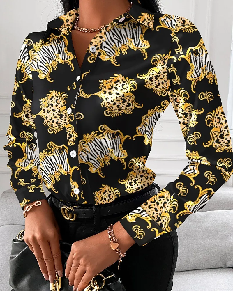 

wholesale Trendy Designer Print Long Sleeve Ladies fall shirts for women elegant casual top blouse woman womens blouses 2021, Blue dark blue women fall shirts for women