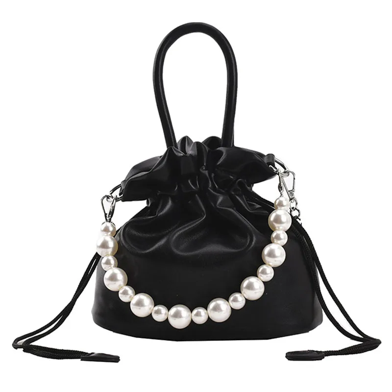 

Fashionable Famous Design Fold Soft Leather Ladies Handbag Bead Chain Handle Bucket Bag Large-capacity One-shoulder Chain Bag