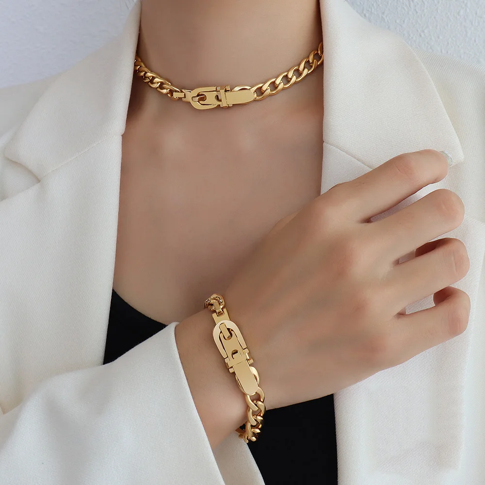 

Top Fashion 18K Gold Plated Cuban Link Chain Bracelet Necklace Stainless Steel Jewelry Set for Women bijoux en acier inoxydable