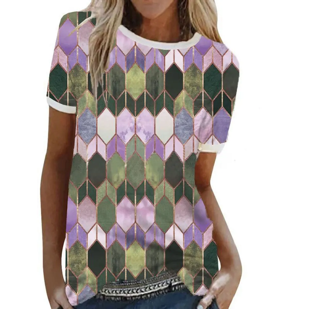 

Popular fashion color block women's t-shirt Geometric pattern printed round neck short-sleeved t-shirt for women