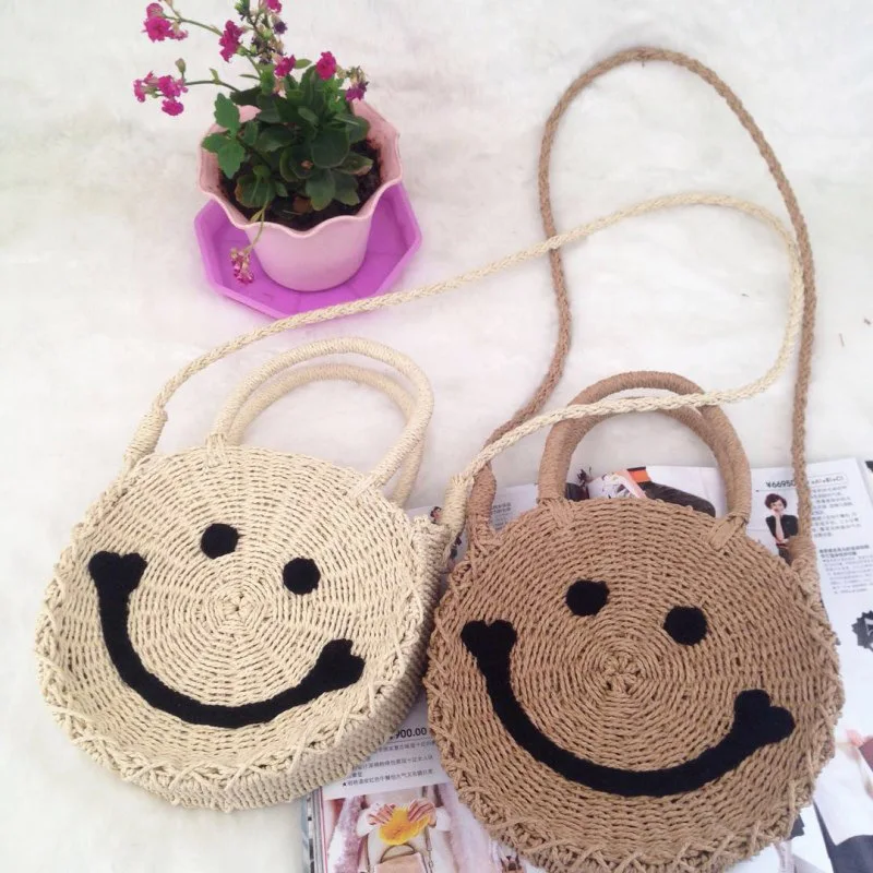 

smile summber beach Ladies Vacation Hollow Out Bag Simple Fashion Handheld Straw/Coarse twine Weaving Bag, Accept custom made