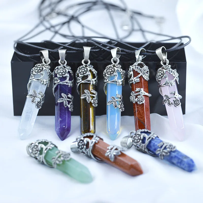 

Nature Stone Hexagon Prism Pendants amethyst opal Quartz Bullet Crystal Healing Jewelry Charms For Diy Pendant Necklace