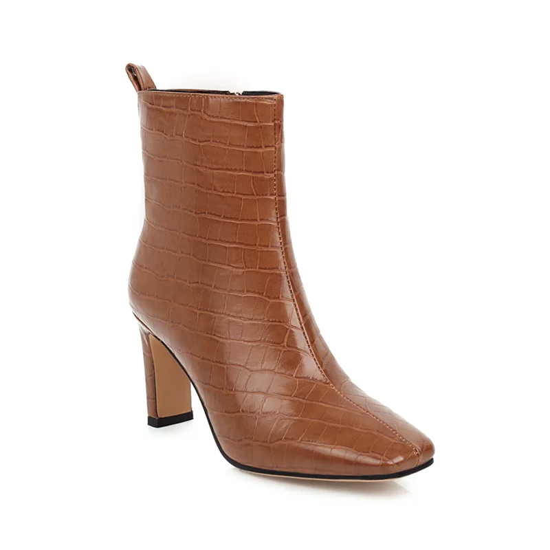 

2021 latest design fancy female shoes Ladies sexy large size  ZIP square heels woman fashion ankle boots, Black, apricot, green, brown