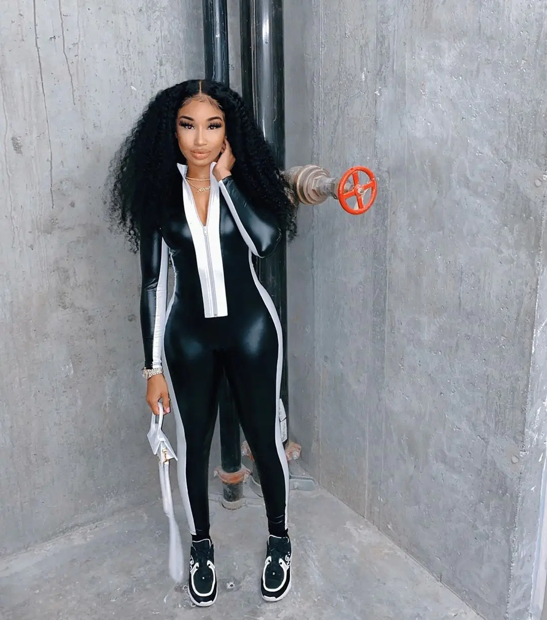 

2021 Hot sale new handsome sexy zipper lapel tie PU leather long sleeve bodysuit Women slim Jumpsuit Patchwork Color