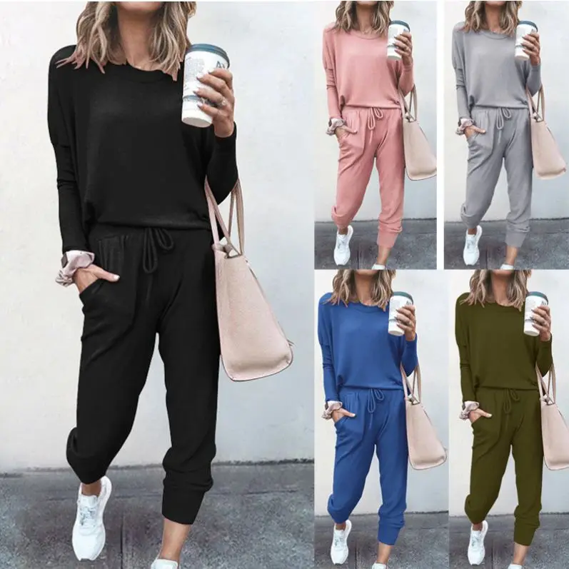 

New Trendy Solid color Casual Loose 3xl Plus Size 2 piece set autumn long sleeve long pant Simple women two piece set clothes