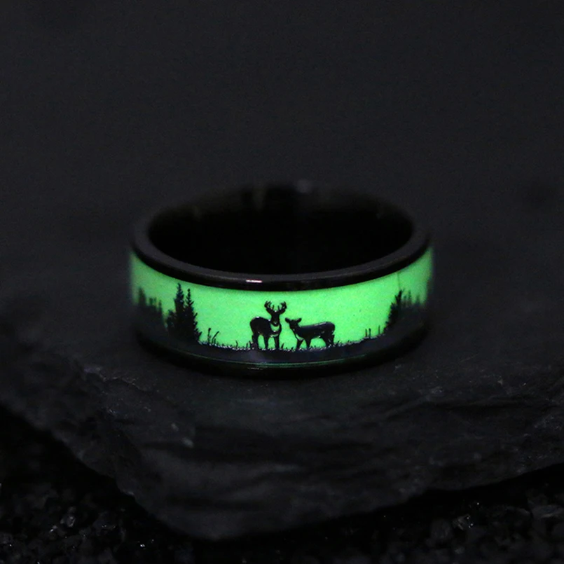 

Elk titanium steel Luminous rings glow in the dark Stainless Steel tree mens ring hip hop jewelry Christmas present, As show