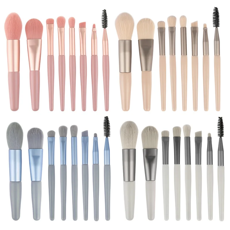 

Amazon Hot Sale 8pcs A Set Travel Girls Cosmetic Brushes Portable Soft Hair With Wooden Handle Make Up Brushes Set, Pink/blue/dark gray/light gray