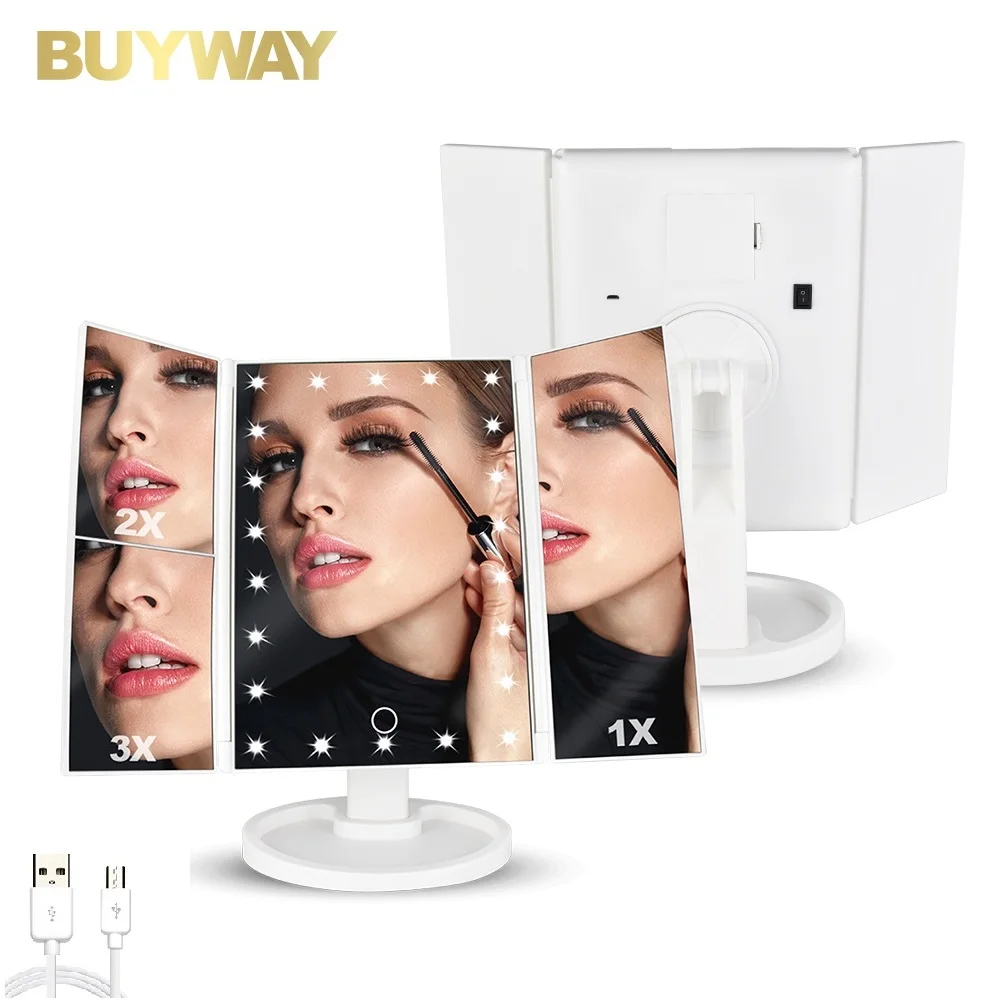 

21 LED Lights Touch Screen 3X/2X/1X Magnification Two Power Supply Modes Make Up Mirror Travel Tri-Fold Lighted Vanity Mirror, Customized color