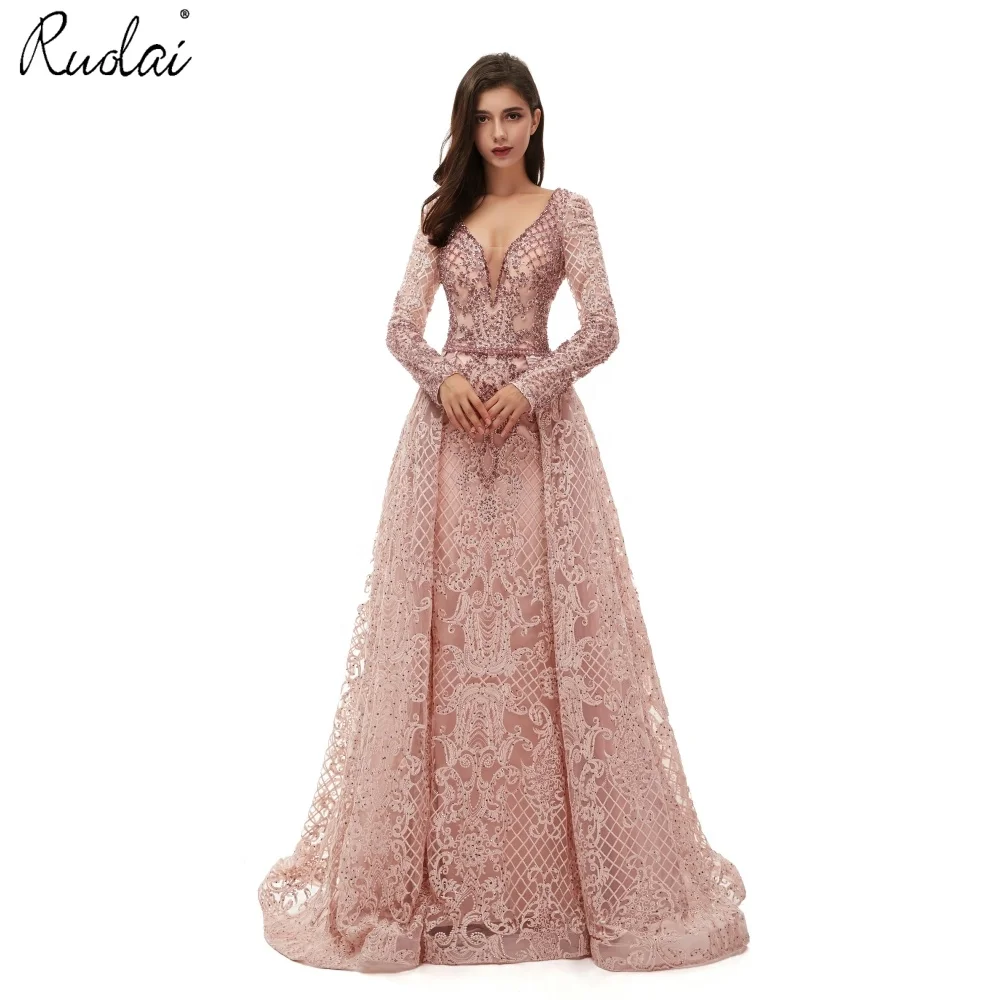 

OEV-L4238 Vintage Gothic Dress V-Neck A-Line Long Sleeves Beaded Net Party Prom Evening Dresses, As picture