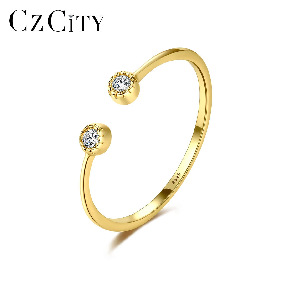 CZCITY Wholesale Solid Color Plated AAA CZ Adjustable Sterling Silver Personalized Open Cuff Two Stone Ring