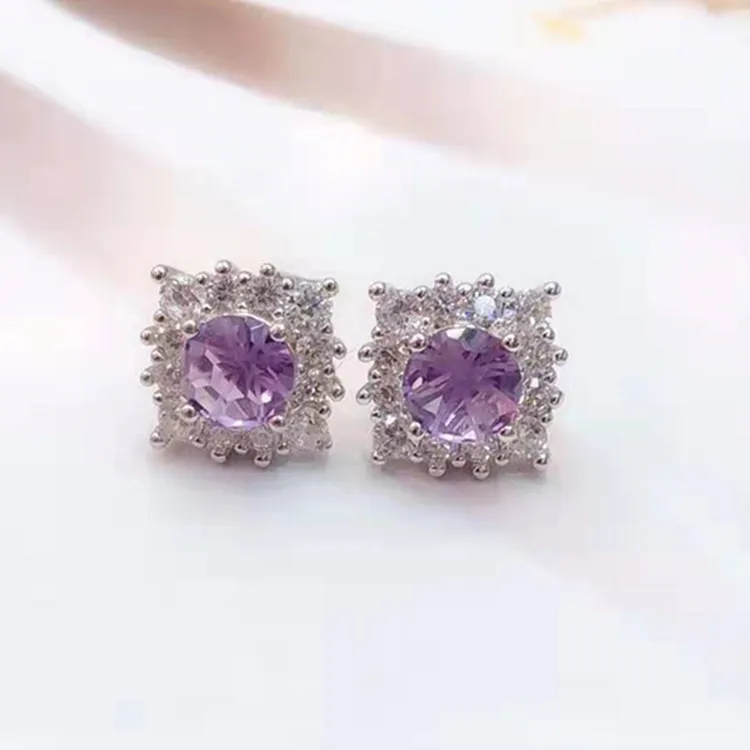 

women delicate minimalist gemstone jewelry 925 sterling silver 18k white gold plated 6mm natural purple amethyst stud earring