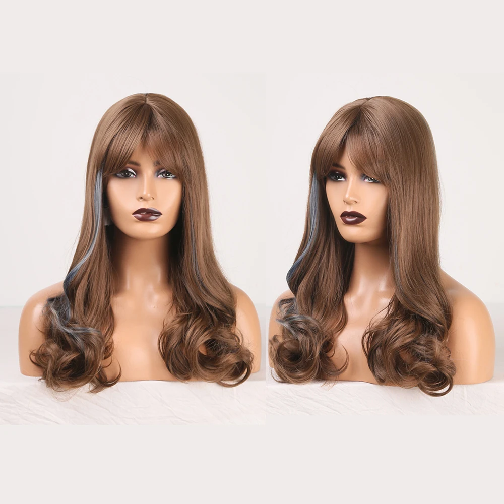 

New wig brown long curly hair side part chemical fiber wig set