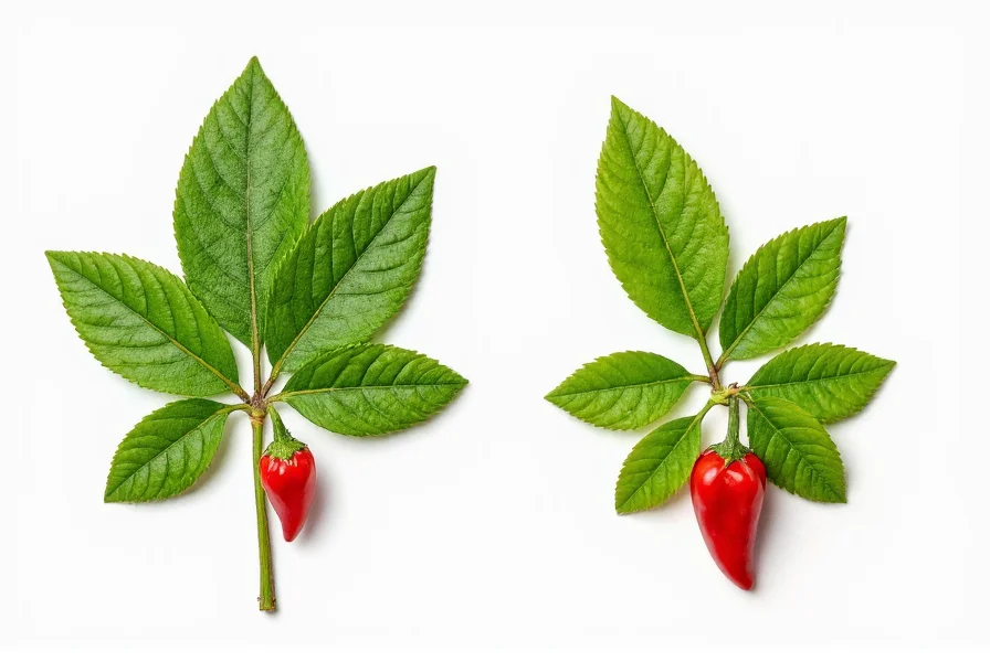Comparison of Peruvian and Brazilian pepper tree leaves and berries on white background