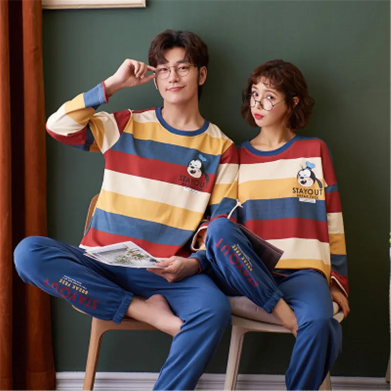 

New Style Couple Women Cotton Long-sleeved Spring Autumn Cartoon Ladies Girls Home Indoor Man Pajamas, As the picture display(many colors)