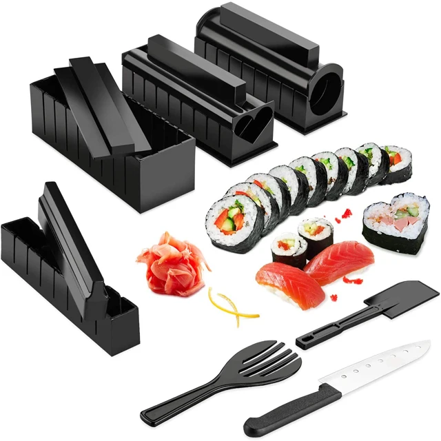 

High Quality Plastic Manual Sushi Making Tool Kit with 5 Sushi Roll Molds and Knife, Black