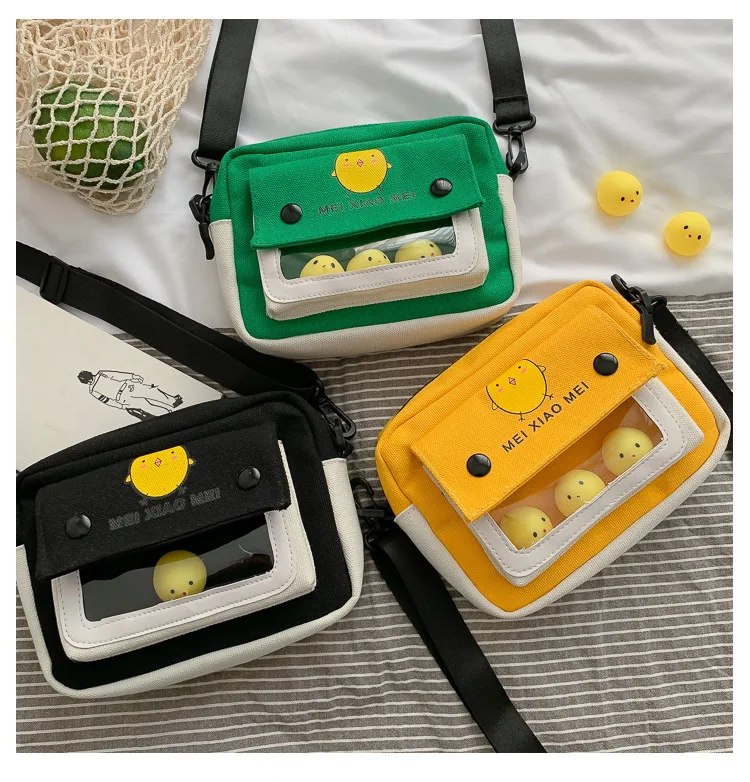 

2021 New Korean Fashionable Cute Cartoon One Shoulder Messenger Small Square Canvas Bag, Yellow, black, green