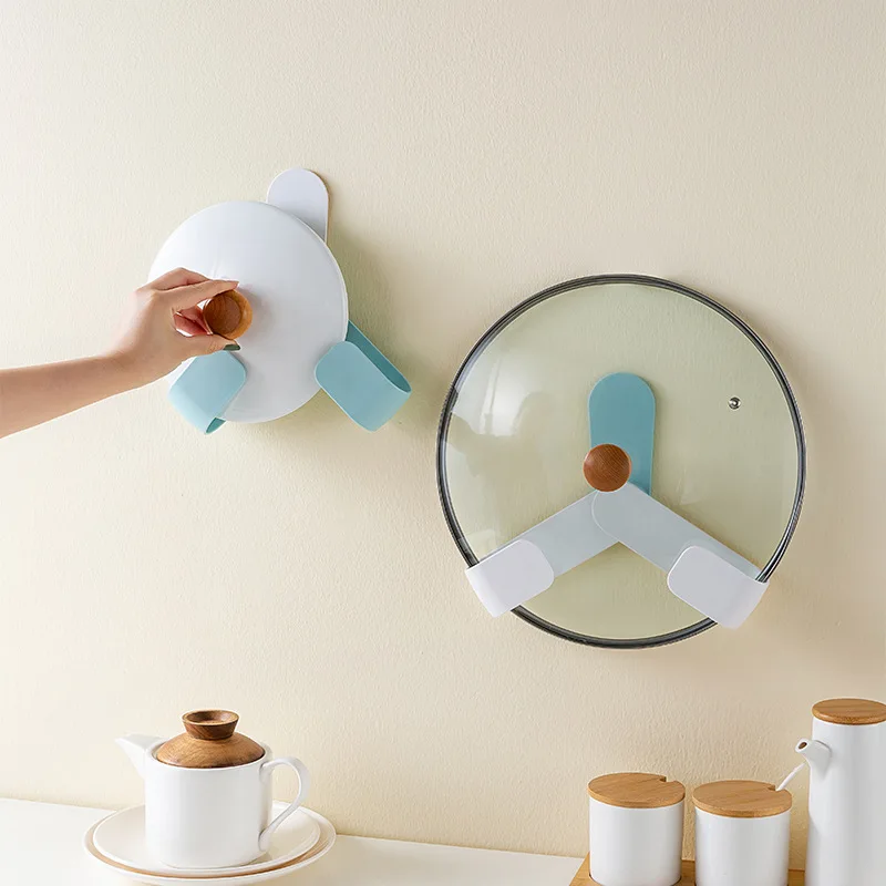 

New Pot Cover Rack Adjustable Kitchen Tools Household Item Wall Mounted Storage Hook No Punching Plastic Cutting Board Shelf, White,blue