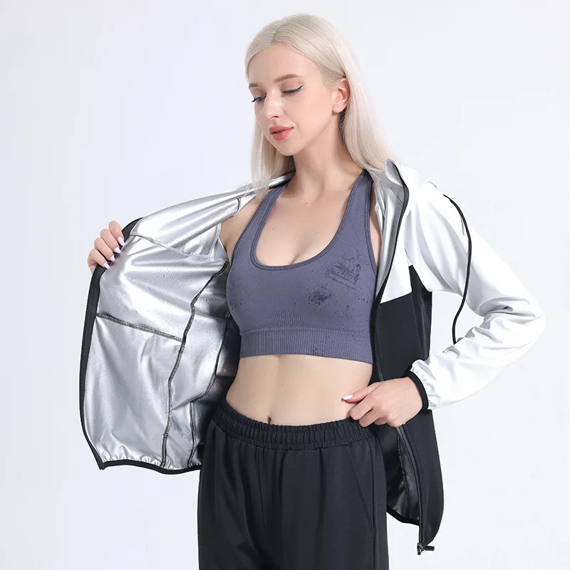 

Women Patchwork Weight Loss Long Sleeve Waterproof Black White Workout Shaper Hooded Jacket Pants Sweat Sauna Suit For Men