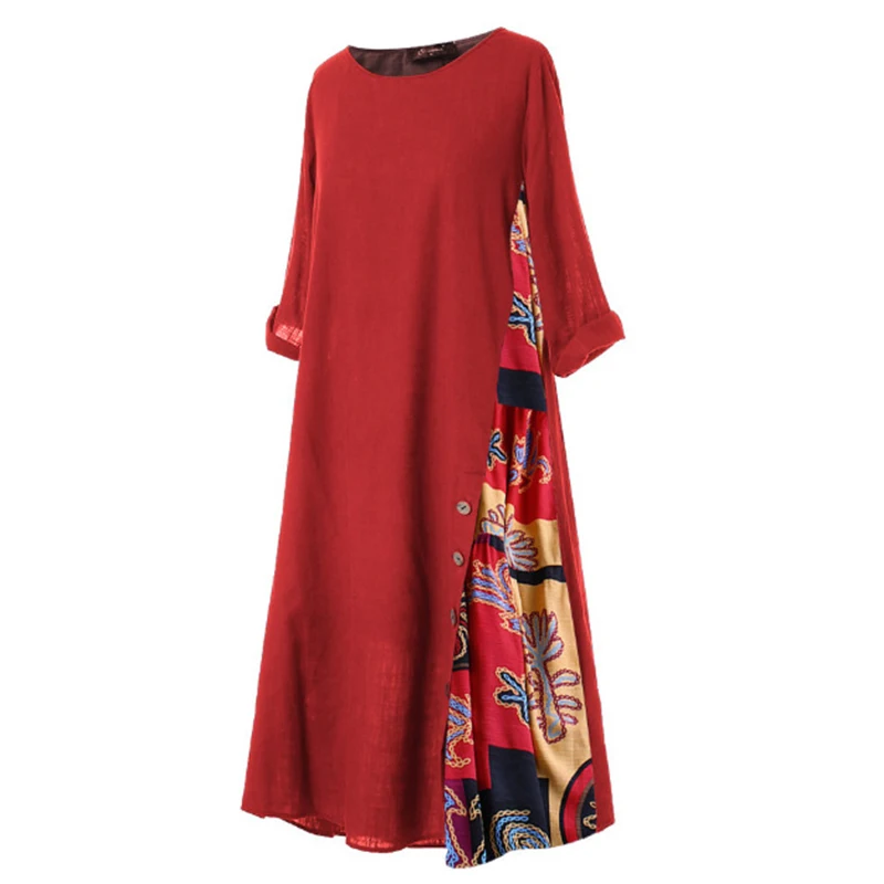 

Cotton and Linen Round Neck Long Sleeve Print Plus Size Dress for Women, Picture color