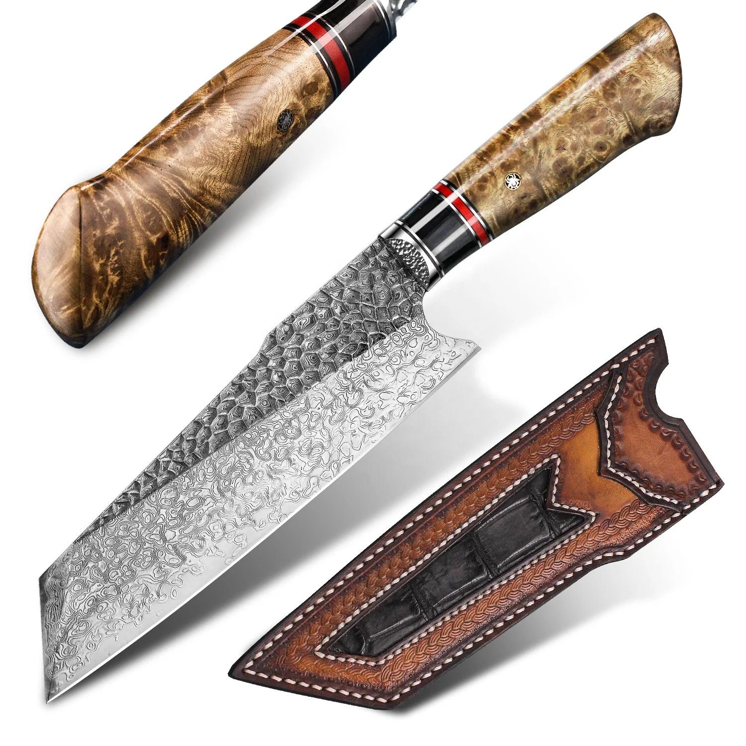 

Hot Sell 8in Burl Stabilized Handle VG10 Damascus Stainless Steel Blade Leather Sheath Japanese Kitchen Santoku Knife