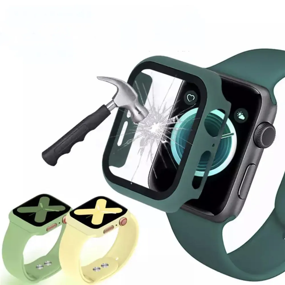 

Case Cover For Apple Watch 44mm 40mm iWatch 42mm 38mm PC Bumper+Tempered Glass for Apple Watch Series 4 3 5 SE 6, Green